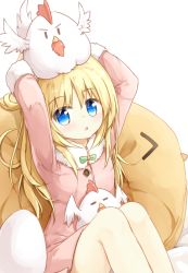 Rule 34 | 1girl, :o, = =, animal, animal on head, animal-shaped pillow, arms up, bed sheet, bird, blonde hair, blue eyes, blush, chicken, chicken on head, coat, commentary request, egg, fur collar, long hair, long sleeves, looking at viewer, on head, original, parted lips, pink coat, sitting, solo, tareme, white background, yuuhagi (amaretto-no-natsu), | |