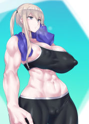 Rule 34 | 1girl, abs, alternate breast size, biceps, bike shorts, black bra, black sports bra, blonde hair, bra, breasts, cameltoe, cleavage, commentary request, covered erect nipples, graf zeppelin (kancolle), grey eyes, highres, impossible clothes, kantai collection, large breasts, midriff, mizuumi (bb), muscular, muscular female, navel, puffy nipples, solo, sports bra, sportswear, tsurime, twintails, underwear