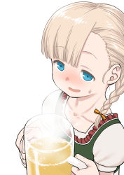 Rule 34 | 1girl, alcohol, beer, beer mug, blonde hair, blue eyes, blush, braid, commentary request, cup, dirndl, dress, german clothes, harukaze unipo, highres, holding, holding cup, kantai collection, medium hair, mug, open mouth, shin&#039;you (kancolle), simple background, solo, steam, sweatdrop, upper body, white background