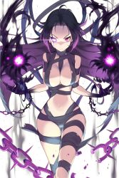 Rule 34 | 1000marie, 1girl, black sclera, breasts, chain, cleavage, colored sclera, dark persona, glowing, glowing eyes, highres, hip focus, large breasts, long hair, mismatched sclera, naked ribbon, navel, official art, parted bangs, purple eyes, purple hair, ravian (soccer spirits), resized, ribbon, soccer spirits, solo, transparent background, upscaled, very long hair