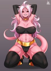 Rule 34 | 1girl, abs, absurdres, android 21, armpits, arms behind head, bangle, black nails, black sclera, black thighhighs, black tube top, boots, bracelet, breasts, cameltoe, cleavage, cleft of venus, colored sclera, colored skin, covered erect nipples, curly hair, detached sleeves, dragon ball, dragon ball fighterz, ear piercing, earrings, grey background, high heel boots, high heels, highres, hoop earrings, jewelry, jmg, kneeling, large breasts, long hair, majin android 21, messy hair, muscular, muscular female, nail polish, neck ring, piercing, pink skin, red eyes, ring, skindentation, smile, solo, strapless, tail, thick thighs, thighhighs, thighs, tube top, wide hips
