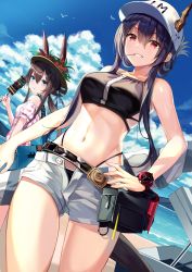 Rule 34 | 2girls, :t, absurdres, amiya (arknights), animal ears, arknights, bare arms, bare shoulders, baseball cap, beach, belt, bikini, blue eyes, blue hair, blue sky, breasts, brown hair, buri (retty9349), ch&#039;en (arknights), ch'en (arknights), cloud, commentary request, cowboy shot, day, dragon horns, dutch angle, ears through headwear, female tourist c (arknights), flower, food, grin, hair between eyes, hand on own hip, has bad revision, has downscaled revision, hat, hat flower, highleg, highleg bikini, highres, holding, holding food, horns, kebab, large breasts, long hair, looking at viewer, md5 mismatch, mouth hold, multiple girls, navel, ocean, off-shoulder shirt, off shoulder, official alternate costume, open fly, pink shirt, plaid, plaid shirt, pouch, puffy short sleeves, puffy sleeves, rabbit ears, red eyes, red flower, resolution mismatch, shirt, short shorts, short sleeves, shorts, sidelocks, sky, smile, source smaller, standing, stomach, sun hat, swimsuit, teeth hold, thighs, watch, water, white shorts, wristwatch