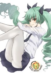 Rule 34 | 10s, 1girl, anchovy (girls und panzer), anzio (emblem), anzio school uniform, belt, black belt, black necktie, black ribbon, black skirt, closed mouth, commentary request, crossed arms, dress shirt, drill hair, elbow on knee, emblem, girls und panzer, green hair, hair ribbon, highres, invisible chair, legs, long hair, long sleeves, looking at viewer, makishima azusa, miniskirt, necktie, pantyhose, pleated skirt, red eyes, ribbon, school uniform, shirt, simple background, sitting, skirt, smile, solo, twin drills, twintails, white background, white pantyhose, white shirt
