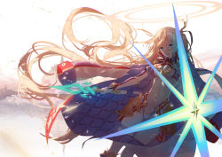 Rule 34 | 1girl, absurdres, blonde hair, blue eyes, blurry, blurry background, bradamante (fate), bradamante (third ascension) (fate), breasts, cleavage, commentary request, depth of field, dutch angle, fate/grand order, fate (series), floating hair, glowing, glowing weapon, gluteal fold, groin, hair between eyes, halo, highres, holding, holding weapon, jacket, jacket on shoulders, long hair, medium breasts, navel, open mouth, outdoors, re:rin, revealing clothes, sidelocks, solo, very long hair, weapon, white jacket