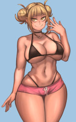 Rule 34 | 1girl, blonde hair, boku no hero academia, breasts, cleavage, curvy, highres, kelvin hiu, large breasts, navel, short shorts, shorts, smile, solo, standing, toga himiko, wide hips, yellow eyes