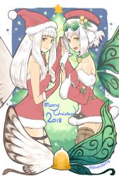 Rule 34 | 2018, 2girls, aerie (bravely default), artist name, bare shoulders, belt, bluestar, bravely default: fairy&#039;s effect, bravely default: flying fairy, bravely default (series), breasts, brown legwear, christmas, commentary request, dress, eyewear on head, fairy, fairy wings, from side, fur trim, glasses, gloves, green eyes, grey eyes, hat, highres, holding hands, long hair, looking at viewer, merry christmas, multiple girls, open mouth, pointy ears, red dress, red gloves, rinne (bravely default), santa dress, santa hat, short dress, short hair, sketch, small breasts, smile, strapless, strapless dress, thigh strap, thighhighs, white hair, wings