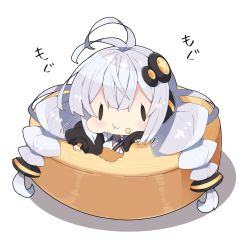 Rule 34 | 1girl, antenna hair, baumkuchen, black jacket, braid, breasts, cake, chibi, commentary request, eating, food, hair between eyes, hair ornament, in food, jacket, kizuna akari, large breasts, long hair, long sleeves, milkpanda, mini person, minigirl, puffy long sleeves, puffy sleeves, shadow, shirt, silver hair, solid oval eyes, solo, star (symbol), translation request, twin braids, very long hair, voiceroid, white background, white shirt