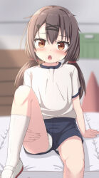 Rule 34 | 1girl, black shorts, blurry, blurry background, blush, brown eyes, brown hair, commentary request, depth of field, gym shirt, gym shorts, gym uniform, hair between eyes, hair ornament, hairclip, highres, indoors, long hair, looking at viewer, low twintails, open mouth, original, panties, shirt, shoes, short shorts, short sleeves, shorts, sitting, socks, solo, takasuma hiro, traffic cone, twintails, underwear, upshorts, uwabaki, vaulting horse, white footwear, white panties, white shirt, white socks, x hair ornament