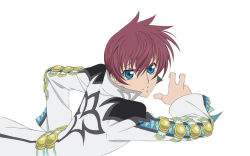 Rule 34 | 1boy, asbel lhant, blue eyes, coat, male focus, official art, red hair, serious, solo, tales of (series), tales of graces, white background