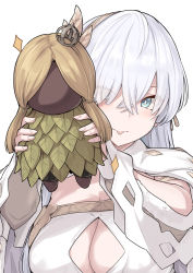 Rule 34 | 1girl, anastasia (fate), blue eyes, blush, breasts, cleavage, cleavage cutout, cloak, clothing cutout, doll, fate/grand order, fate (series), hair over one eye, hairband, holding, holding doll, large breasts, long hair, looking at viewer, shiseki hirame, silver hair, simple background, smile, solo, tongue, tongue out, very long hair, viy (fate), white background
