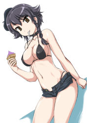 Rule 34 | 10s, 1girl, arm at side, beret, bikini, bikini under clothes, black bikini, black hair, black hat, braid, breasts, brown eyes, choker, cleavage, collar, collarbone, covered erect nipples, cowboy shot, denim, denim shorts, eyebrows, food, girls und panzer, hair between eyes, hat, highleg, highleg bikini, highleg swimsuit, highres, holding, holding food, ice cream, ice cream cone, ice cream spoon, looking at viewer, medium breasts, mouth hold, navel, open fly, pepperoni (girls und panzer), pocket, short hair, short shorts, shorts, side braid, smile, soft serve, solo, spoon, stomach, string bikini, swimsuit, swimsuit under clothes, thighs, unbuttoned, utensil in mouth, wan&#039;yan aguda, white background