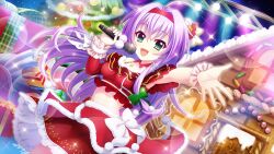 Rule 34 | 1girl, :d, ahoge, box, breasts, christmas, christmas ornaments, christmas tree, concert, dot nose, dutch angle, film grain, fur-trimmed skirt, fur trim, game cg, gift, gift box, gingerbread house, green eyes, hair ribbon, hairband, hokaze kanade, holding, holding microphone, izumi tsubasu, long hair, medium breasts, microphone, midriff, navel, non-web source, official art, open mouth, purple hair, re:stage!, red hairband, red skirt, ribbon, scrunchie, single sleeve, skirt, smile, solo, stage, stage lights, star (symbol), white ribbon, white scrunchie, wrist scrunchie