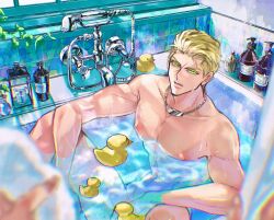 Rule 34 | 1boy, bathtub, blonde hair, blurry, blurry foreground, bottle, chain necklace, eni (yoyogieni), faucet, feet out of frame, final fantasy, final fantasy viii, green eyes, hair slicked back, highres, holding, holding towel, jewelry, looking at viewer, male focus, necklace, nude, out of frame, parted lips, partially submerged, rubber duck, scar, scar on face, scar on forehead, seifer almasy, short hair, solo focus, tiles, towel, wet