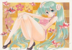 Rule 34 | 1girl, acrylic paint (medium), aqua hair, bad id, bad pixiv id, black footwear, checkered background, fish, floral print, flower, full body, green eyes, hair between eyes, hair flower, hair ornament, hand on own knee, hatsune miku, high heels, long hair, looking at viewer, lying, on back, painting (medium), pink flower, pink shirt, pom77, print shirt, pumps, rose print, shirt, sleeveless, sleeveless shirt, smile, solo, traditional media, twintails, very long hair, vocaloid