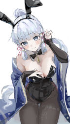 Rule 34 | 1girl, absurdres, animal ears, ayaka (genshin impact), bare shoulders, black leotard, blue eyes, blue hair, blue kimono, blush, bow, bowtie, breasts, brown pantyhose, cleavage, covered navel, detached collar, fake animal ears, genshin impact, hairband, high ponytail, highleg, highleg leotard, highres, japanese clothes, kimono, large breasts, leotard, light blue hair, long hair, long sleeves, looking at viewer, mochi upamo, mole, mole under eye, neck tassel, off shoulder, pantyhose, playboy bunny, ponytail, rabbit ears, sidelocks, solo, thighs, wide sleeves