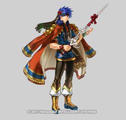 Rule 34 | 1boy, armor, blue eyes, blue hair, cape, fire emblem, fire emblem: path of radiance, fire emblem heroes, flower, full body, gloves, headband, ike (fire emblem), jacket, kita senri, looking at viewer, male focus, nintendo, official art, short hair, simple background, solo, weapon, white background