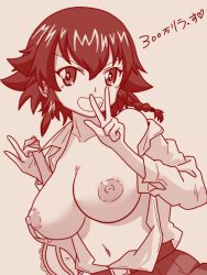 Rule 34 | 1girl, blush, breasts, girls und panzer, gogopaint, large breasts, nipples, pepperoni (girls und panzer), solo, upper body