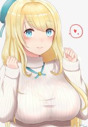 Rule 34 | 10s, 1girl, aqua hat, atago (kancolle), bad id, bad pixiv id, beret, blonde hair, blush, bolo tie, bra, breasts, cleavage, clenched hands, closed mouth, eyebrows, hat, heart, highres, kantai collection, large breasts, long hair, long sleeves, looking at viewer, niko (aiai03012), ribbed sweater, see-through, simple background, solo, spoken heart, sweater, swept bangs, turtleneck, twitter username, underwear, upper body, white background
