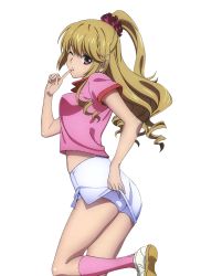 Rule 34 | 10s, 1girl, aiba asagi, clothes lift, finger to mouth, from side, gym uniform, hair ornament, hair scrunchie, high ponytail, highres, index finger raised, kneehighs, leg up, light brown hair, looking at viewer, one eye closed, parted lips, pink socks, pink shirt, red eyes, scrunchie, shirt, short sleeves, shorts, shorts under skirt, skirt, skirt lift, socks, solo, standing, strike the blood, transparent background, white shorts, white skirt
