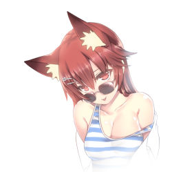 Rule 34 | 1girl, :p, animal ears, bad id, bad pixiv id, breasts, brown eyes, brown hair, cleavage, collarbone, elesis (elsword), elsword, fox ears, hair ornament, hairclip, long hair, off shoulder, simple background, smile, solo, strap slip, striped, sunglasses, tama (tamatamo), tank top, tongue, tongue out, white background