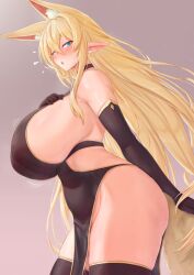 Rule 34 | 1girl, animal ear fluff, animal ears, bare shoulders, black gloves, black thighhighs, blonde hair, blue eyes, blush, breasts, commentary request, cream cod, elbow gloves, extra ears, female pubic hair, from side, gloves, hand on own chest, highres, huge breasts, long hair, looking at viewer, looking to the side, mole, mole under eye, no panties, open mouth, original, pelvic curtain, pointy ears, pubic hair, simple background, solo, tail, thighhighs, thighs