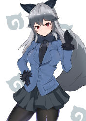 Rule 34 | 10s, 1girl, absurdres, animal ears, black bow, black neckwear, blue jacket, bow, bowtie, buttons, cowboy shot, fox ears, fox tail, fur-trimmed sleeves, fur trim, hand on own hip, hand up, highres, jacket, japari symbol, kemono friends, long hair, looking at viewer, necktie, pantyhose, pleated skirt, red eyes, rosehip t72, silver fox (kemono friends), silver hair, skirt, smile, solo, tail, white background