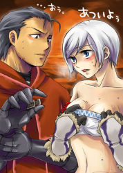 Rule 34 | 1boy, 1girl, :o, antenna hair, armor, bandeau, bare shoulders, black eyes, black hair, blue eyes, blush, breasts, breath, capcom, cave, cleavage, clothes pull, coat, detached sleeves, drooling, elbow gloves, embarrassed, eye contact, fur trim, gauntlets, gloves, hood, khezu (armor), kirin (armor), looking at another, midriff, monster hunter (series), nature, nervous, open mouth, saliva, shirt pull, short hair, sky, strap, striped, sunset, sweat, swept bangs, tan, translation request, undressing, upper body, water, white hair