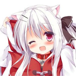 Rule 34 | 1girl, ;d, animal collar, animal ears, bell, collar, dan ball, dog ears, fangs, hair ribbon, hood, koinu-chan, long hair, neck bell, one eye closed, open mouth, original, red eyes, ribbon, side ponytail, smile, solo, white hair, winter clothes