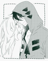 Rule 34 | 1boy, 1girl, bandaged chest, bandaged head, bandages, black hair, black shirt, commentary request, couple, dotted line, hair between eyes, hetero, hood, hood up, hooded jacket, imminent kiss, isaac foster, jacket, long hair, looking at another, looking at viewer, monochrome, profile, rachel gardner, satsuriku no tenshi, shirt, short hair, simple background, striped clothes, striped shirt, tooru (jux), upper body, white background, white shirt