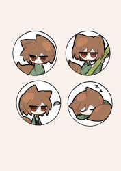 Rule 34 | ..., 1boy, absurdres, animal ears, black vest, brown hair, chibi, chibi only, chinese commentary, closed eyes, closed mouth, collared shirt, commentary request, fox boy, fox ears, fox tail, green jacket, harada mutei, highres, jacket, kemonomimi mode, lesnuitsblanches, long sleeves, male focus, multiple views, no mouth, no nose, open clothes, open jacket, red eyes, saibou shinkyoku, shirt, short hair, spoken ellipsis, tail, vest, white shirt, wide sleeves, zzz