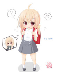 Rule 34 | 1girl, ?, ahoge, backpack, bag, black footwear, blonde dog girl (ri-net), bow, cat hair ornament, character watermark, collared shirt, commentary request, dress shirt, flying sweatdrops, green bow, grey skirt, hair between eyes, hair ornament, hairclip, highres, light brown hair, long hair, looking at viewer, low twintails, open mouth, original, pleated skirt, randoseru, ri-net, shadow, shirt, shoes, skirt, socks, spoken question mark, suspender skirt, suspenders, translation request, twintails, wavy mouth, white background, white legwear, white shirt