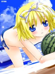 Rule 34 | 1girl, bikini, butt crack, day, food, fruit, holding, holding food, holding fruit, noto (soranoto), original, solo, swimsuit, watermelon
