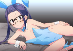 Rule 34 | 1girl, animal ears, black-framed eyewear, blue bow, blue bowtie, blue footwear, blue hair, blue leotard, bow, bowtie, brown eyes, commentary request, detached collar, fake animal ears, flat chest, glasses, high heels, leotard, long hair, looking at viewer, lying, namidate, on side, oogaki chiaki, playboy bunny, rabbit ears, rabbit tail, smile, solo, strapless, strapless leotard, tail, twintails, wrist cuffs, yurucamp