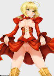 Rule 34 | 10s, 1girl, :&gt;, ahoge, artist name, blonde hair, blush, breastless clothes, breasts, breasts out, censored, cleft of venus, closed mouth, dress, epaulettes, fate/extra, fate/grand order, fate (series), from below, green eyes, groin, hair intakes, hair ribbon, janong, juliet sleeves, knee pads, large breasts, legs apart, long sleeves, looking at viewer, looking down, mosaic censoring, navel, nero claudius (fate), nero claudius (fate) (all), nero claudius (fate/extra), nipples, no panties, patreon, patreon username, puffy long sleeves, puffy sleeves, pussy, red dress, red ribbon, ribbon, short hair, showgirl skirt, simple background, smile, smirk, solo, standing, stomach, thighs, tsurime, underbust, watermark, web address, white background