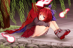 Rule 34 | 1girl, bow, cape, disembodied head, open mouth, red eyes, red hair, rock, sekibanki, short hair, sigiri, smile, solo, touhou, willow