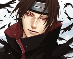 Rule 34 | 1boy, black feathers, brown hair, coat, collar, feathers, headband, lily (artist), looking at viewer, lowres, male focus, naruto, naruto (series), portrait, red eyes, sharingan, simple background, solo, uchiha itachi, white background