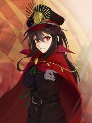 Rule 34 | 1girl, belt, black belt, black hair, black hat, black jacket, blush, cape, commentary request, fate/grand order, fate (series), gloves, grey gloves, hair between eyes, hat, highres, jacket, long hair, looking at viewer, oda nobunaga (fate), oda nobunaga (koha-ace), peaked cap, pixiv fate/grand order contest 2, red cape, red eyes, smile, solo, upper body, xjx
