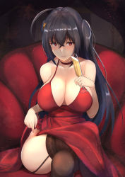 Rule 34 | 1girl, ahoge, alcohol, alternate hairstyle, ass, azur lane, bare shoulders, black hair, black thighhighs, blush, breasts, champagne flute, choker, cleavage, collarbone, crossed bangs, crossed legs, cup, dress, drinking glass, garter straps, hair between eyes, hair ornament, highres, holding, holding cup, huge breasts, large breasts, light particles, long hair, looking at viewer, official alternate costume, red dress, red eyes, sidelocks, sitting, smile, solo, taihou (azur lane), taihou (forbidden feast) (azur lane), thighhighs, very long hair, yusha m
