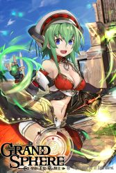 Rule 34 | 1girl, :d, bare shoulders, blue eyes, blue sky, breasts, copyright name, day, detached sleeves, fingerless gloves, gloves, grand sphere, green hair, hair between eyes, hat, highres, holding, holding weapon, long hair, looking at viewer, medium breasts, midriff, navel, official art, open mouth, outdoors, samuraig, sidelocks, sky, smile, thighhighs, watermark, weapon, white hat