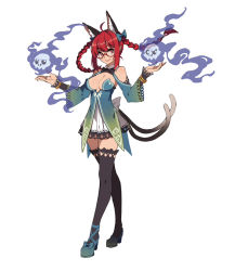 Rule 34 | alternate costume, animal ears, bare shoulders, bespectacled, black thighhighs, bow, bowtie, bracelet, braid, breasts, cat ears, cat tail, cleavage, cross-laced footwear, detached sleeves, dress, full body, glasses, hair bow, high heels, jewelry, kaenbyou rin, kugi ta hori taira, large breasts, long hair, multiple tails, outstretched arms, red-framed eyewear, red hair, resized, semi-rimless eyewear, short dress, simple background, solo, standing, tail, thighhighs, touhou, twin braids, two tails, under-rim eyewear, upscaled, white background, zettai ryouiki