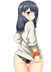 Rule 34 | 10s, 1girl, arm scrunchie, ass, black hair, black panties, blush, cardigan, cardigan pull, closed mouth, covering privates, covering ass, cowboy shot, female focus, from behind, frown, gridman universe, long hair, long sleeves, looking at viewer, looking back, orange scrunchie, panties, purple eyes, scrunchie, simple background, solo, ssss.gridman, takarada rikka, thigh gap, thighs, toshishikisai, tug, underwear, white background, white cardigan, wide hips, wrist scrunchie