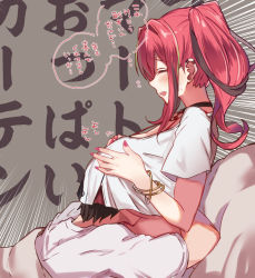 Rule 34 | 1boy, 1girl, arito arayuru, azur lane, between breasts, bracelet, breast pillow, breast smother, breasts, bremerton (azur lane), buckle, closed eyes, commentary request, face to breasts, fingernails, head between breasts, head on chest, head under another&#039;s clothes, head under shirt, jewelry, large breasts, long hair, multicolored hair, nail polish, open mouth, pink nails, shirt, short sleeves, smile, snap-fit buckle, streaked hair, sweatdrop, t-shirt, translated, two-tone skirt, under another&#039;s clothes, white shirt