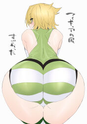 Rule 34 | 1girl, akatsuki kirika, ass, bent over, blonde hair, blush, collarbone, from behind, green eyes, green leotard, highres, leotard, looking at viewer, looking back, senki zesshou symphogear, short hair, simple background, smile, solo, striped clothes, striped thighhighs, thighhighs, ulrich (tagaragakuin), white background