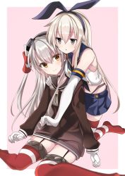 Rule 34 | 2girls, amatsukaze (kancolle), anchor hair ornament, bandeau, black hairband, black panties, blonde hair, blouse, blue sailor collar, blue skirt, border, brown dress, brown eyes, crop top, dress, elbow gloves, fathom, full body, garter straps, gloves, grey eyes, hair ornament, hair tubes, hairband, hat, highleg, highleg panties, highres, hug, hug from behind, kantai collection, kneeling, lifebuoy, long hair, microskirt, mini hat, miniskirt, multiple girls, panties, pink background, pleated skirt, rabbit hair ornament, red legwear, sailor collar, sailor dress, sailor shirt, shimakaze (kancolle), shirt, short dress, silver hair, sitting, skirt, sleeveless, sleeveless shirt, smokestack hair ornament, striped clothes, striped legwear, striped thighhighs, swim ring, thighhighs, two-tone background, two side up, underwear, white bandeau, white border, white gloves, white shirt