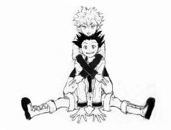 Rule 34 | 2boys, arms around neck, boots, commentary, gon freecss, greyscale, grin, highres, hunter x hunter, jacket, kgeroua, killua zoldyck, layered sleeves, long sleeves, looking at viewer, male focus, monochrome, multiple boys, short hair, short over long sleeves, short sleeves, shorts, smile, spiked hair, tongue, tongue out, v-shaped eyebrows