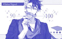 Rule 34 | 1boy, arrow (symbol), blue theme, closed eyes, facing viewer, fate/grand order, fate (series), fingernails, gameplay mechanics, glasses, highres, holding, holy grail (fate), male focus, mizuki (mz), monochrome, multicolored hair, purple theme, scarf, shirt, sigurd (fate), sigurd (memories with my lover) (fate), smile, solo, star (symbol), two-tone hair, upper body