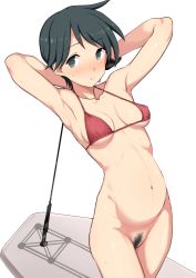 Rule 34 | 1girl, armpits, arms behind head, arms up, bikini, bikini top only, black eyes, black hair, bottomless, breasts, closed mouth, cowboy shot, female pubic hair, highres, kantai collection, kumadano, legs together, looking at viewer, mogami (kancolle), navel, no pupils, pregnant, pubic hair, red bikini, short hair, simple background, small breasts, solo, standing, sweat, sweatdrop, swimsuit, white background