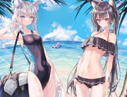 Rule 34 | 3girls, absurdres, adjusting hair, ahoge, alter (kxk7357), animal ear fluff, animal ears, armpits, bag, beach, bikini, black bikini, black hair, blue archive, blue eyes, blue sky, blurry, blush, breasts, cat ears, cloud, cloudy sky, collarbone, commentary request, competition school swimsuit, cowboy shot, day, depth of field, earrings, flower, frilled bikini, frills, frown, grey hair, groin, hair between eyes, hair flower, hair ornament, halo, halterneck, highleg, highleg swimsuit, highres, holding, holding towel, horizon, hoshino (blue archive), hoshino (swimsuit) (blue archive), innertube, jewelry, long hair, looking at viewer, lying, medium hair, mismatched pupils, multiple girls, navel, ocean, off-shoulder bikini, off shoulder, official alternate costume, on back, one-piece swimsuit, outdoors, parted lips, pink hair, ponytail, red eyes, school swimsuit, serika (blue archive), serika (swimsuit) (blue archive), shiroko (blue archive), shiroko (swimsuit) (blue archive), shoulder bag, sidelocks, sky, sleeveless, small breasts, stomach, swim ring, swimsuit, thigh gap, towel, twintails, underboob, very long hair, wet, wet clothes, wet swimsuit, white bikini, wolf ears, wolf girl