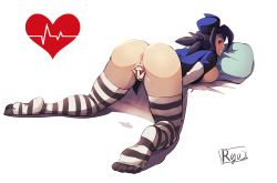 Rule 34 | anus, bar censor, blue hair, breasts, censored, female masturbation, grin, highres, long hair, looking at viewer, looking back, masturbation, medium breasts, presenting, pussy, ryuji (red-truth), signature, simple background, skullgirls, smile, solo, spread pussy, striped clothes, striped thighhighs, sweat, swerat, thighhighs, valentine (skullgirls), white background
