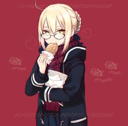 Rule 34 | 1girl, ahoge, artoria pendragon (fate), black jacket, blonde hair, braid, fate/grand order, fate (series), food, glasses, hair between eyes, holding, holding food, hood, hooded jacket, jacket, katagiri (mighty swing), long sleeves, looking at viewer, mysterious heroine x alter (fate), red background, red scarf, round eyewear, scarf, short hair, sidelocks, simple background, solo, taiyaki, upper body, wagashi, yellow eyes